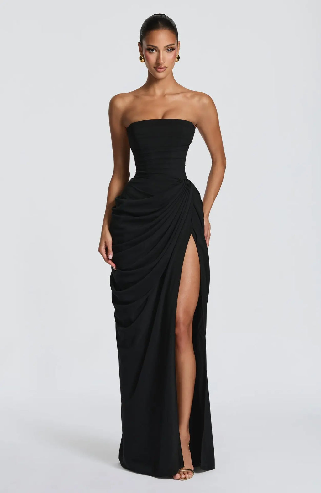 Elegant Backless Long Skirt Solid Color Simple High-Grade Waist Side-Opening Design Sexy Dinner Dress Celebrity Style