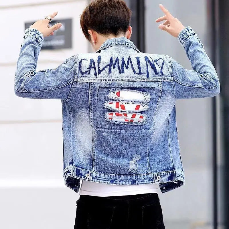 Ripped Button Men's Denim Jacket Washed Branded of Fabric Trendy Casual Original Aesthetic Fashion Male Jean Coats Fast Delvery
