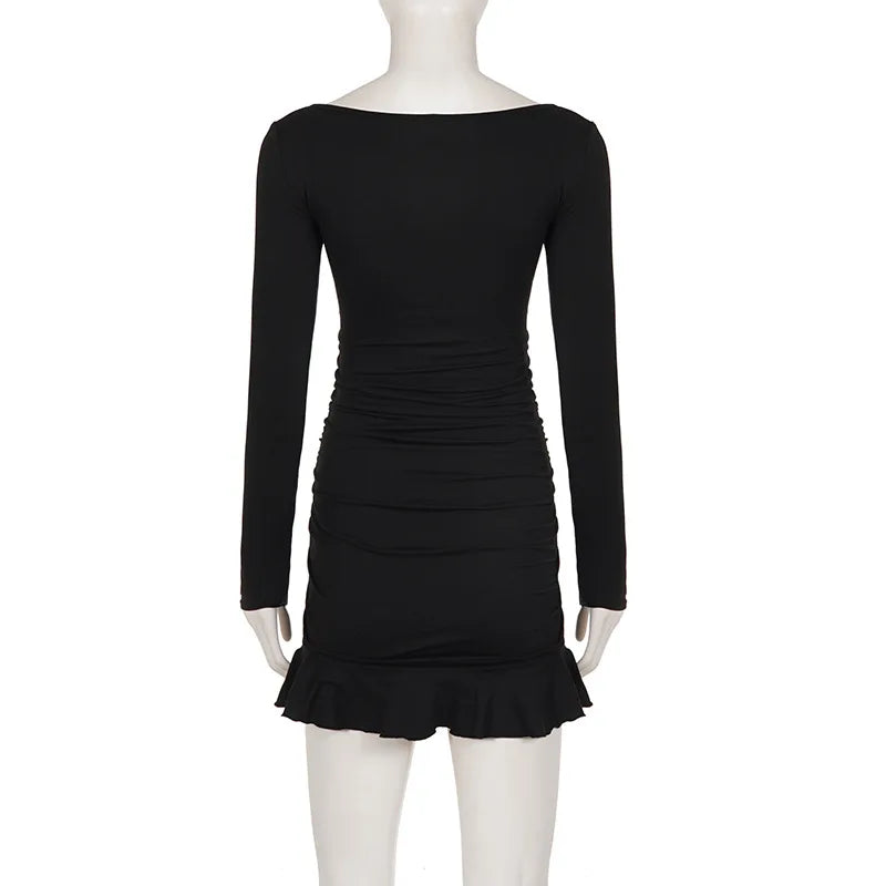 Fashionable Deep V-Neck Lace Panel Slim Fit Sexy Pleated Short Skirt Dress High Waist Milk Fiber Long Sleeve for Neutral Use