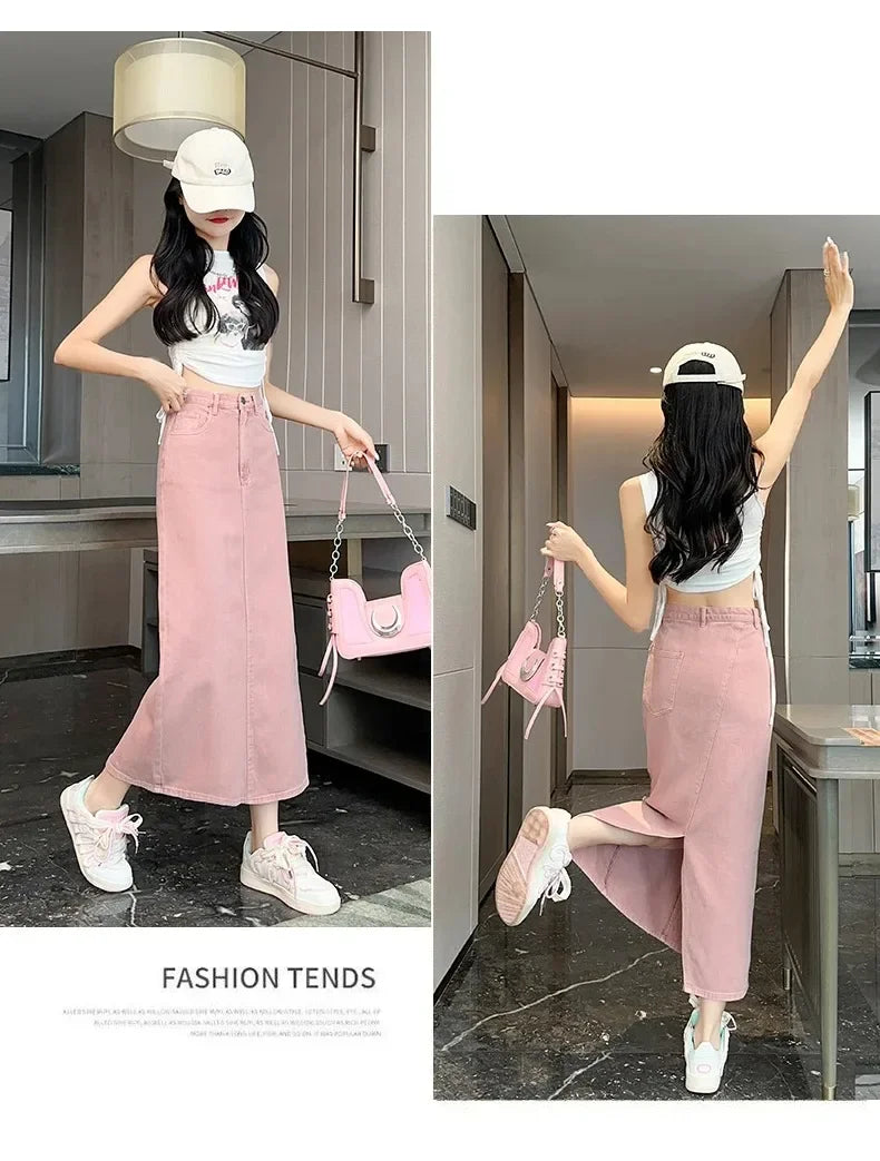 New Summer Women's 100% Cotton Denim Shorts Pink High-waisted Slit Retro Elegant Fashionable Casual Denim Long Skirt Female