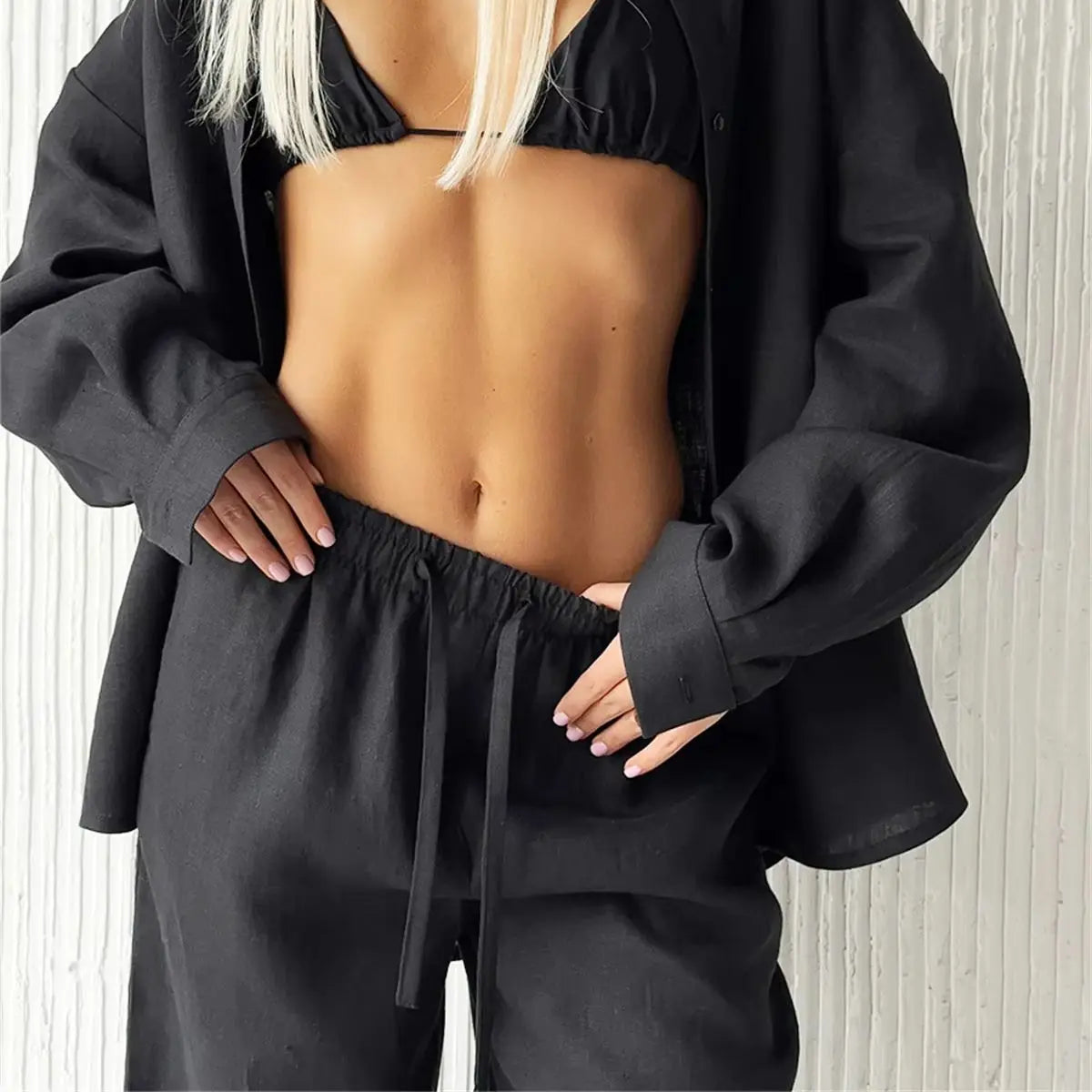 Wide Leg Pants Fashion Women Black Solid Loose Drawstring Baggy Pant 2026 New Spring Summer Casual Pocket High Waist Trousers
