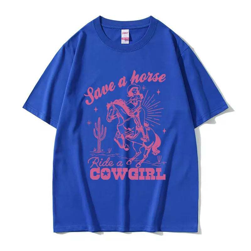 Save A Horse Ride A Cowgirl Print T Shirt Men Women Retro Aesthetic Fashion T-shirts Casual Oversized Cotton T-shirt Streetwear