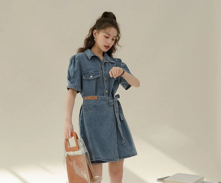 2026 Summer New Slimming Short Sleeve Midi Denim Dress Stylish Trendy Waist Cinching Women's Popular Wear