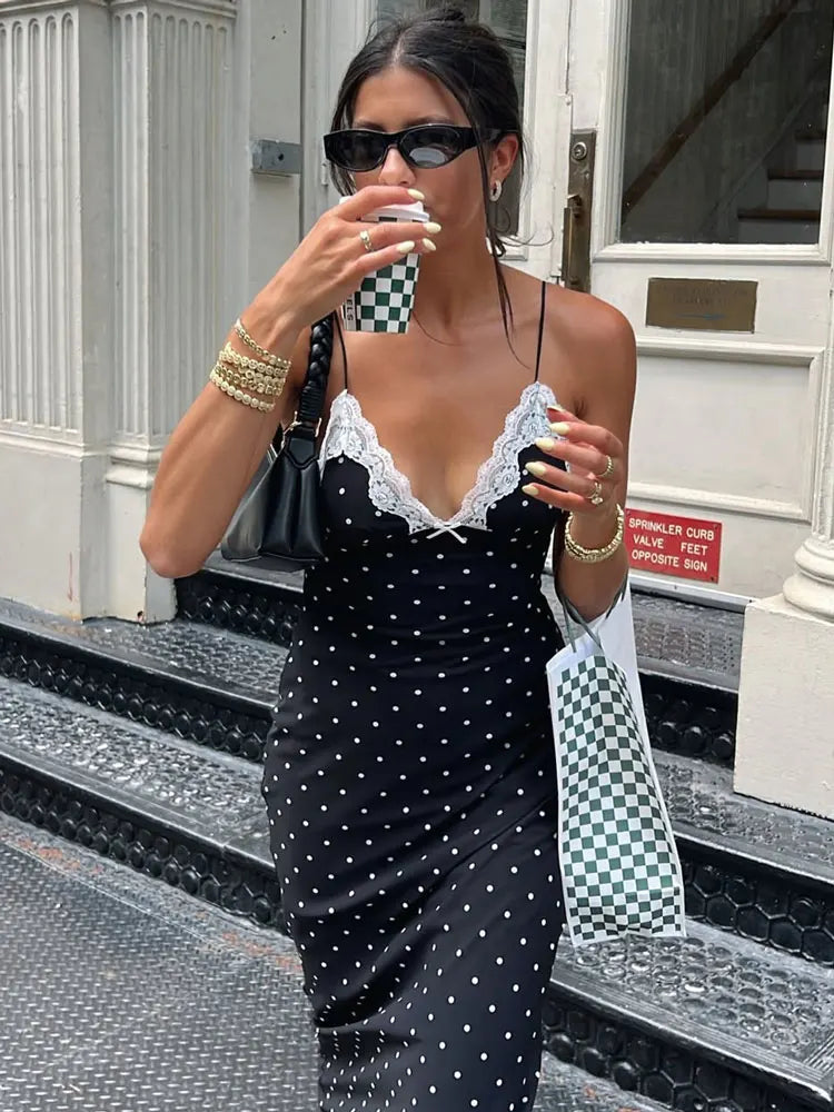 Lace V-Neck Patchwork Maxi Dress Women Backless High Waist Slim Spaghetti Contrast Party Dress Female Spring Long Dress Hot Sale