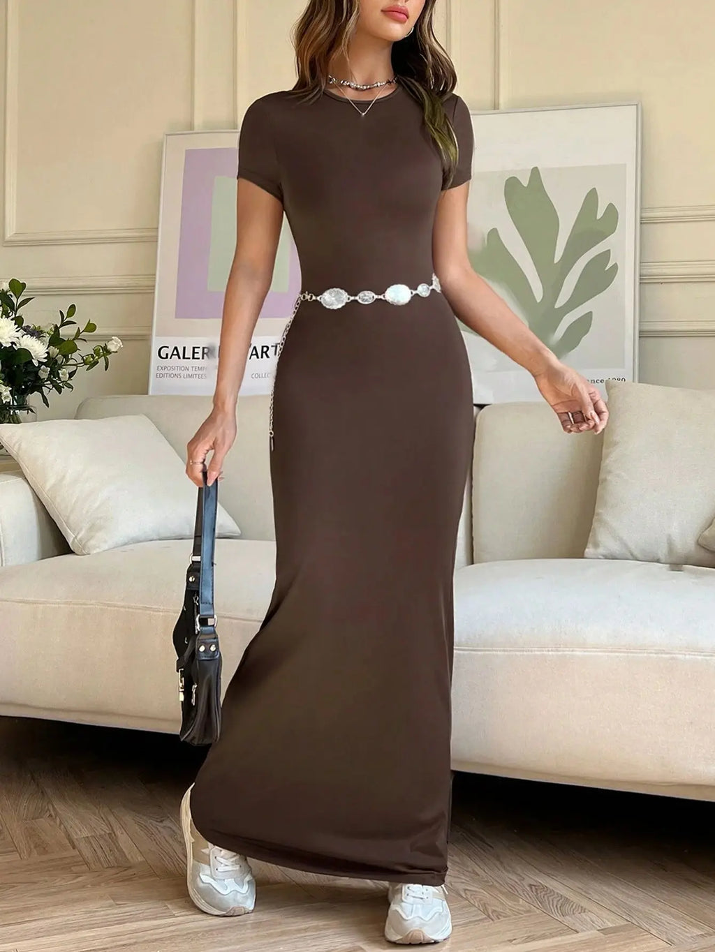 Short-sleeved Solid Color Slim Sexy Waisted Spring And Summer Temperament Dress Women's Round Neck Elegant Long Dress For Dinner