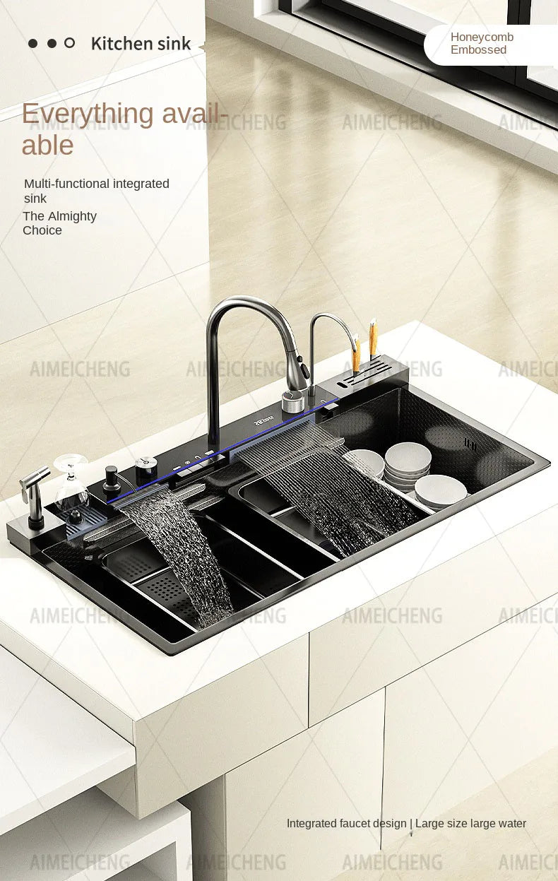 Hot Selling Stainless Steel Waterfall Kitchen Sink With Knife Holder Digital Display Faucet Set Embossed Extra Large Single Slot