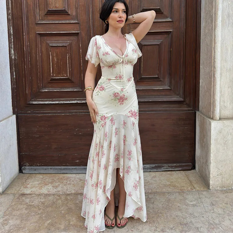 Fashion Women's Dress V-neck Short Sleeve Slim Female Print Floral Dresses 2026 Summer Sexy Elegant Holiday New Party Lady Robe