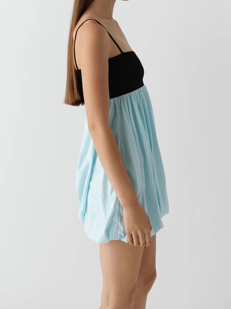 Trendy Color Block Mini Dress Thin Spaghetti Square Neck Back Button Bubble Hem Loose Skirt Casual Summer Daily Date Party Wear