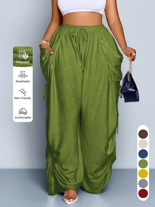 Loose Wide Leg Pants Drawstring Elastic Waist Pure Color Casual Trousers Women's High Waist Straight Cut Summer Fashion