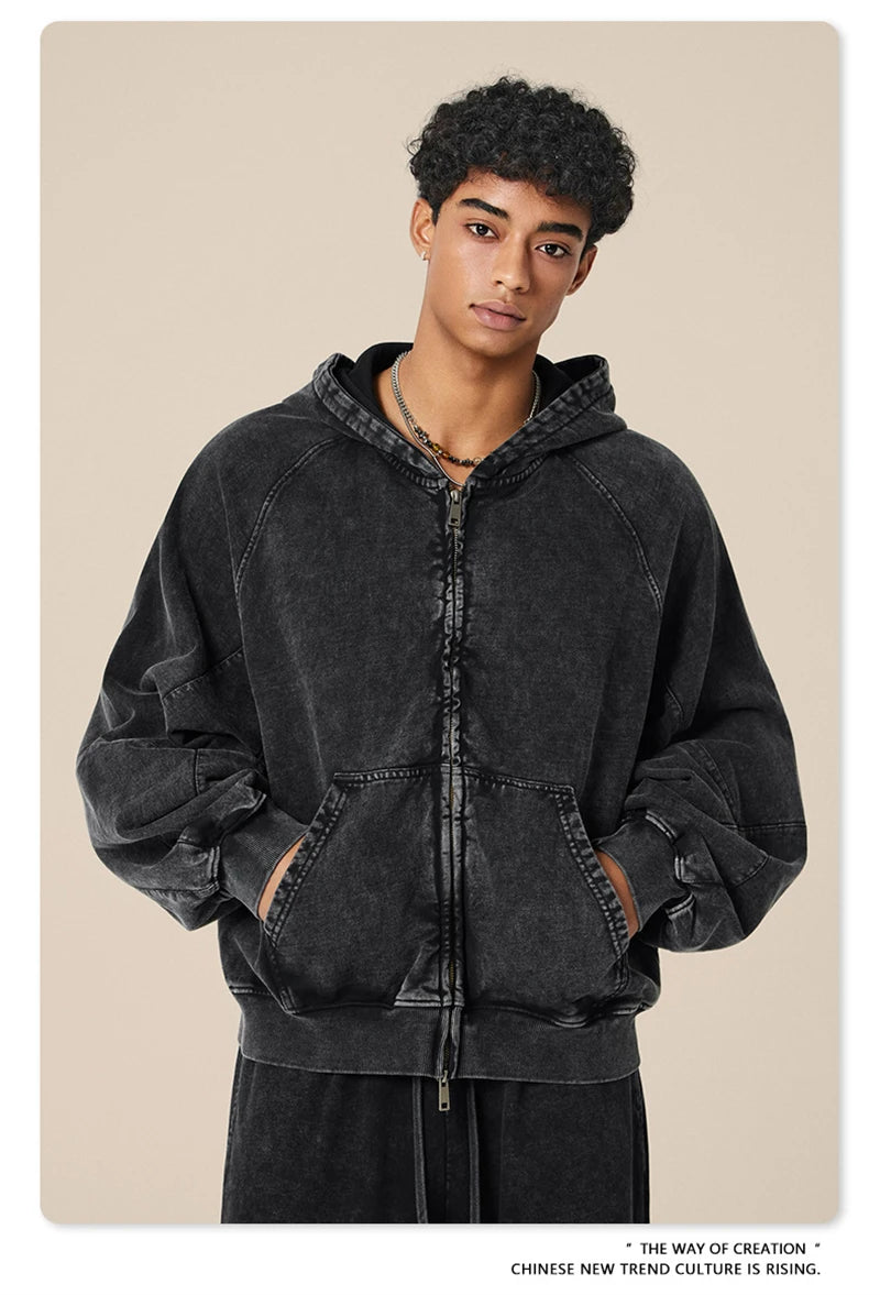 ZODF Heavy Wieght 480gsm Washed Cotton Boxy Zipper Hoodies For Man Unisex Retro Patchwork Off Shoulder Hooded Coats HY1152