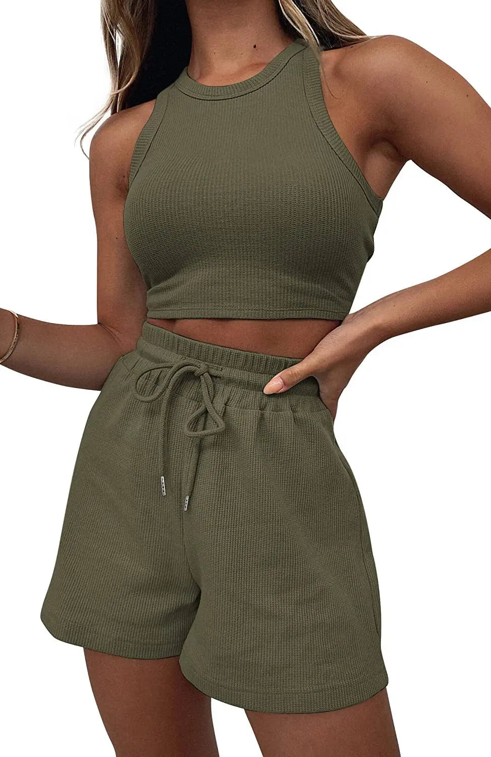 Women Shorts Outfit Solid Sleeveless Ribbed Crop Tank And Drawstring Shorts Casual Tracksuit Workout Set 2 Piece Lounge Set