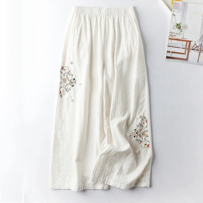 Women's Fashion New Loose Wide Leg Pants Simple Casual Solid Color Splicing Embroidered Elastic Waist Slim Thin Straight Pant