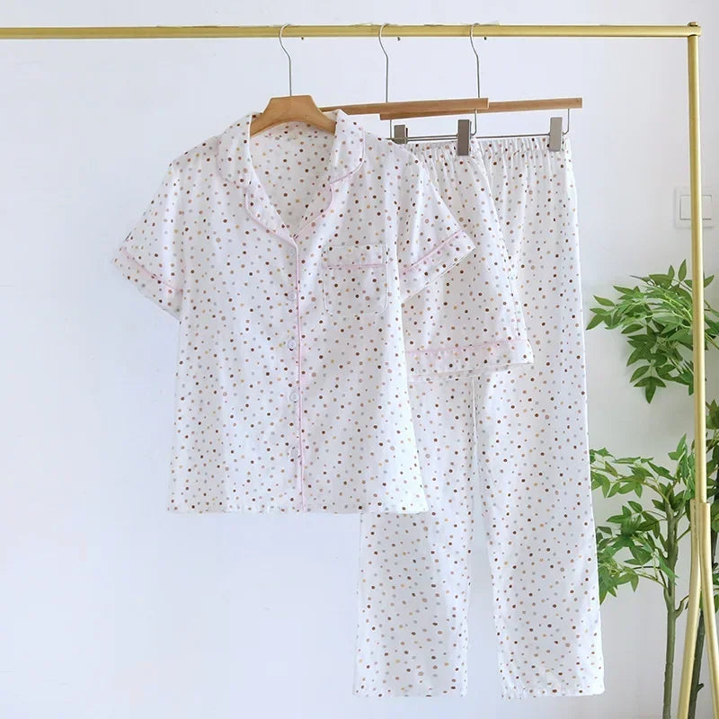 Three-piece Japanese-style pajamas women spring and summer autumn 100% cotton gauze short-sleeved shorts trousers summer suit ho