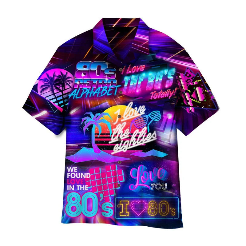 Hawaiian Shirts For Men 3D Printed Colorful Music Cool 80s Patterns Blouse Summer Vacation Short Sleeves Tops Loose Aloha Shirts