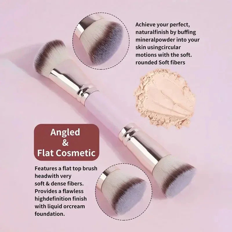 2PCS Dual-Ended Makeup Brush - Angled Contour & Flat Head Foundation Brush for Cream, Liquid Foundation, Seamless Blending