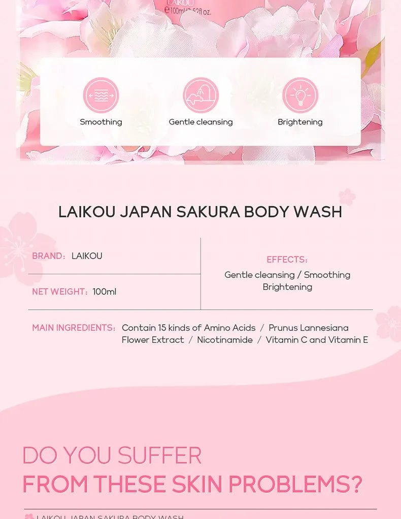 LAIKOU Japan Sakura Body Wash Long Lasting Fragrance Gentle Foaming Moisturizing Smooth Skin Shower Gel 100ml