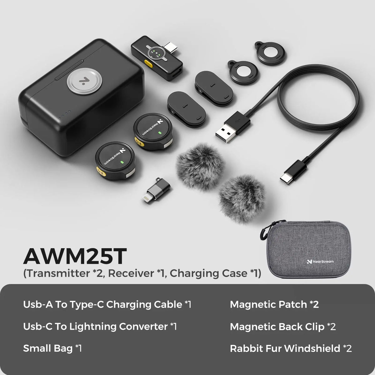 NearStream AWM25T Magnetic Wireless Lavalier Microphone, 1‑to‑2 Dual‑Mic, ENC Noise Cancelling, Low Latency 65Ft, 24H Battery Charging Case, Plug‑Play Lapel Mic for iPhone Android Laptop PC