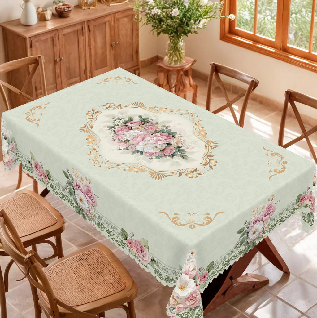 1 Piece of Spring Floral Round and Rectangular Tablecloth, Available in Various Sizes, Retro Pink Rose Pattern Printed Decorative Tablecloth, Small Fresh Style, Tablecloth for Home Kitchen, Picnic, Spring and Summer Home Deco
