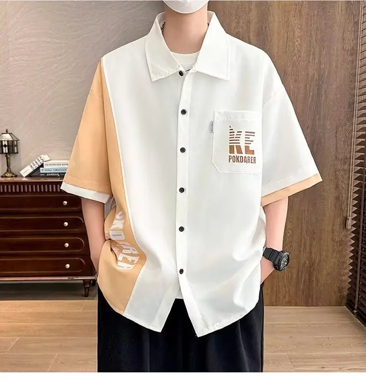 New Shirts for Men Patchwork Graphic T-shirts Men's Clothing Summer Casual Short Sleeved Daily Street Tops Loose Oversized Shirt