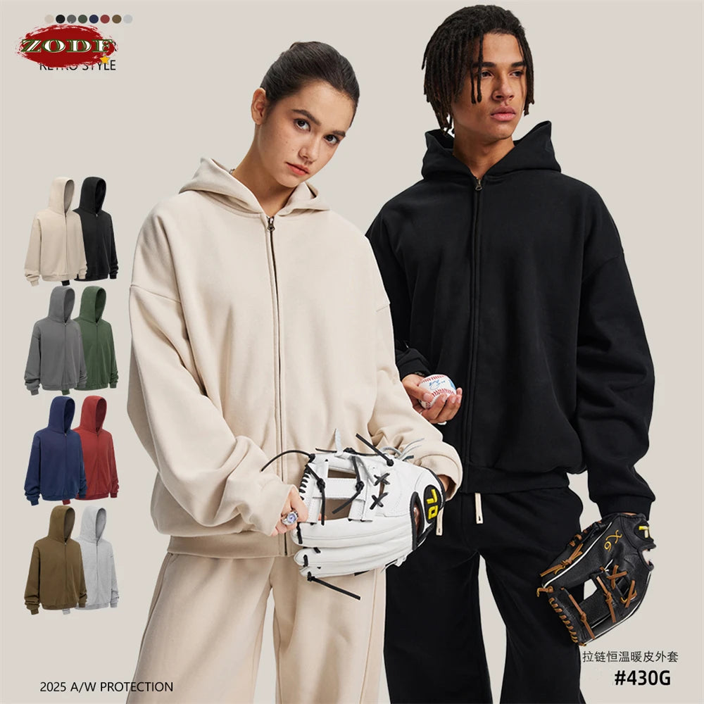 ZODF Trendy Winter Man Warm 430gsm Fleece Zipper Hoodies Unisex Solid Loose Zip-Up Hooded Coats Brand Outfit HY1130