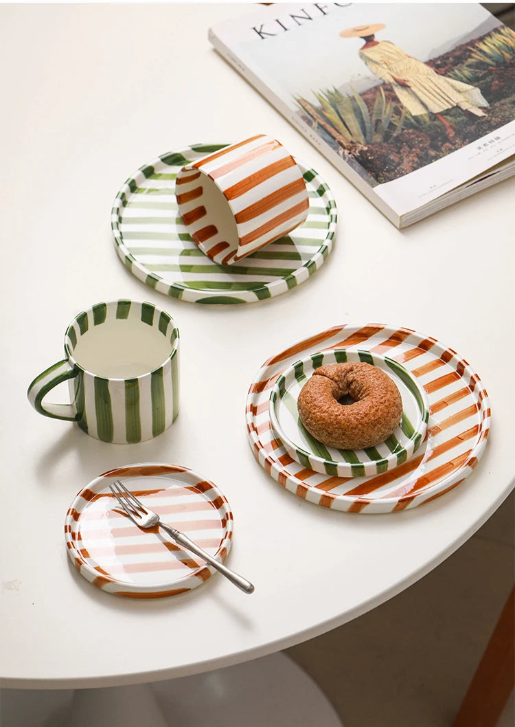 European Striped Ceramic Coffee Cup Saucer Modern Breakfast Dessert Plate Tea Cup Decorative Art Striped Coffee Cup 200 Ml Decor