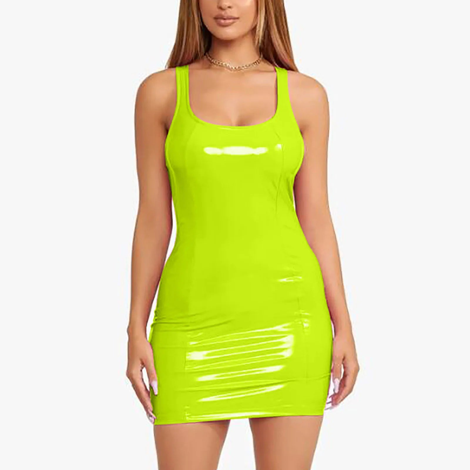 Women's Colorful Leather Dress Zipper PU High Elastic Round Neck Dress Short Skirt Elastic Leather Dress Wrapped Hip Sundress