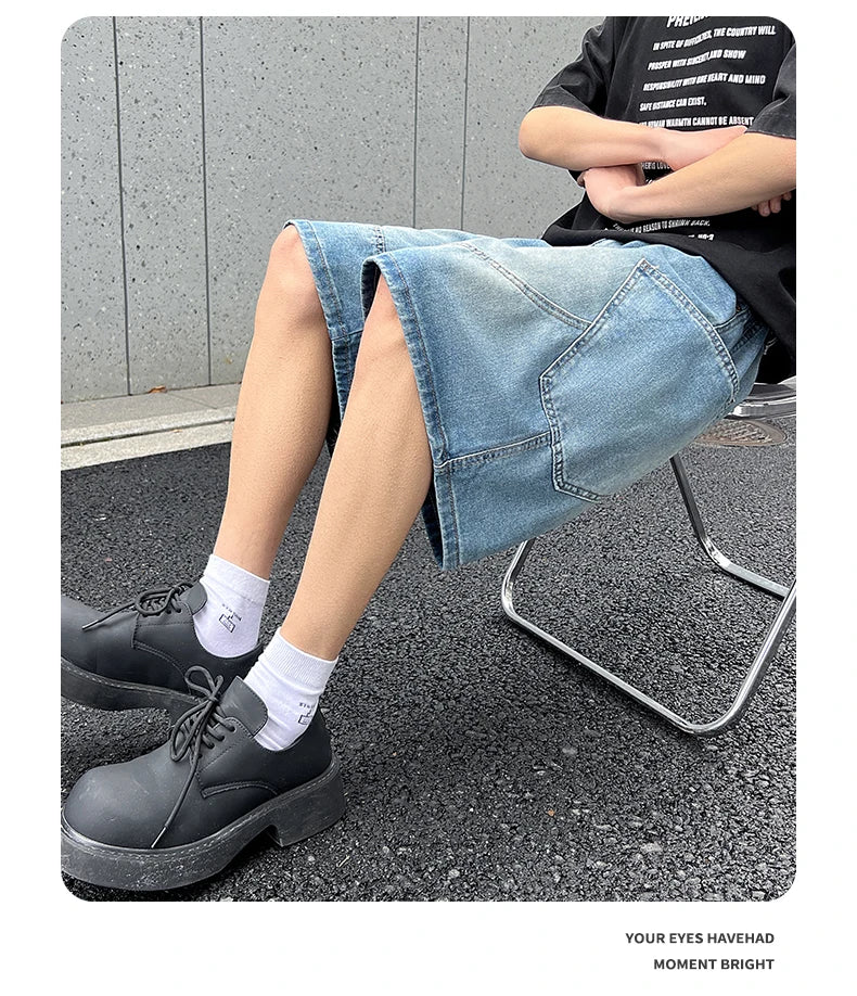 2026 Summer New Baggy Denim Shorts Fashion Casual Straight Harajuku Jeans Male Vintage Wash Drawstring Short Pants Streetwear