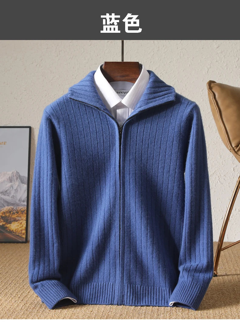 Men's Coat Winter Thickened New 100% Merino Wool Sweater Business Casual Zipper Lapel Cardigan Long Sleeved Warm Knit Jacket