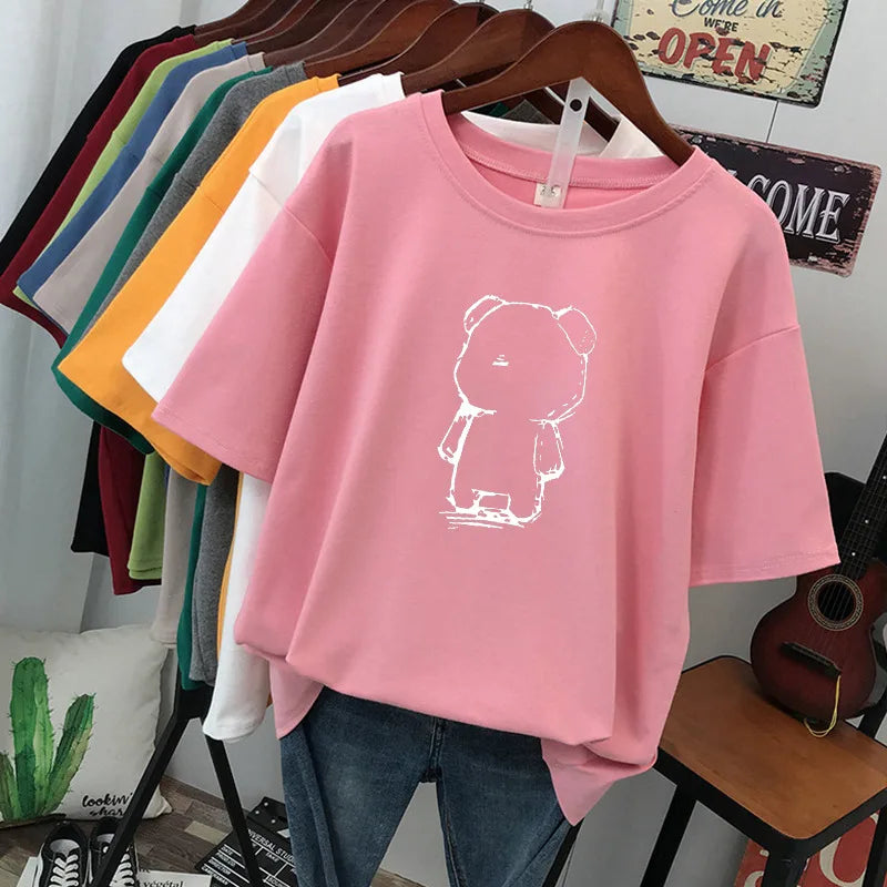 plus Size Women's Cotton T-Shirt Loose Fit Short Sleeve round Neck Print Design Comfortable Casual Style Korean Fashion