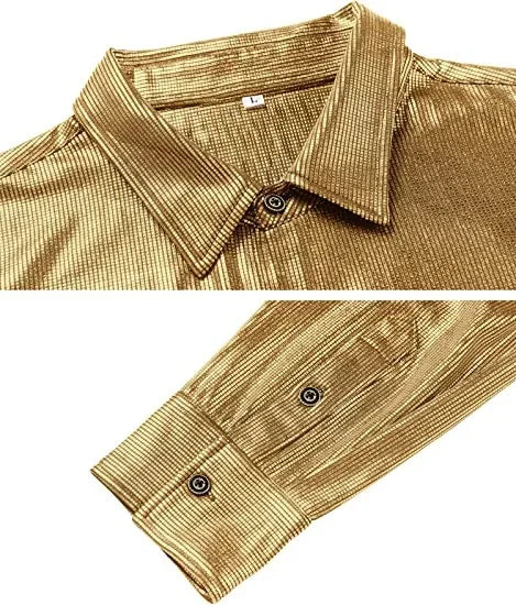 Metallic Shiny Polyester Dress Shirts for Men Black Solid Gold Red Silver Long Sleeve Turn Down Collar Prom Disco Men's Shirt