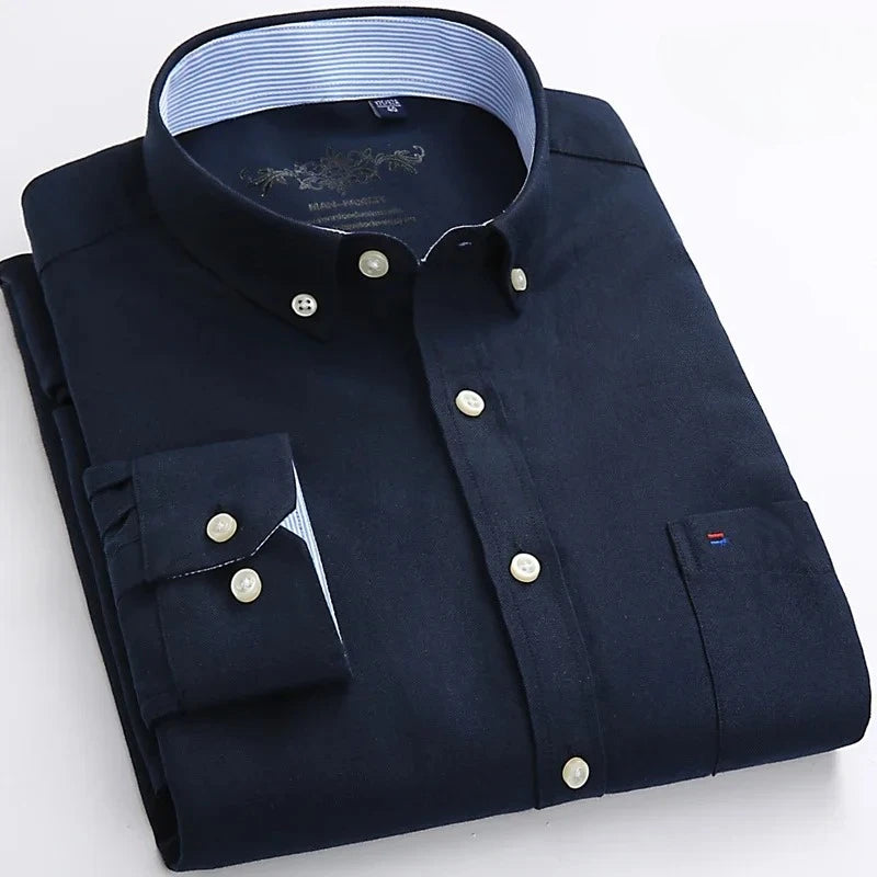 Men's 100% Cotton Smart Casual Shirt Long Sleeve Plaid Oxford Casual Solid Color Print Regular Fit Dress Shirt Oversized  6XL