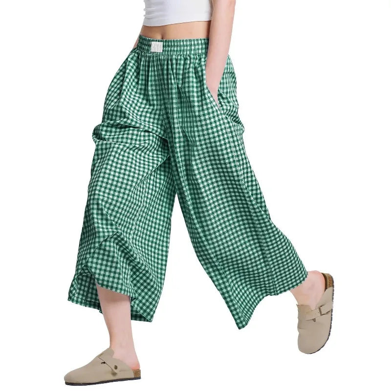 Women's Casual Plaid Wide Leg Pants Summer New Loose Slimming Lazy Long Trousers Comfortable Loose Fit High Waist Pants 2025