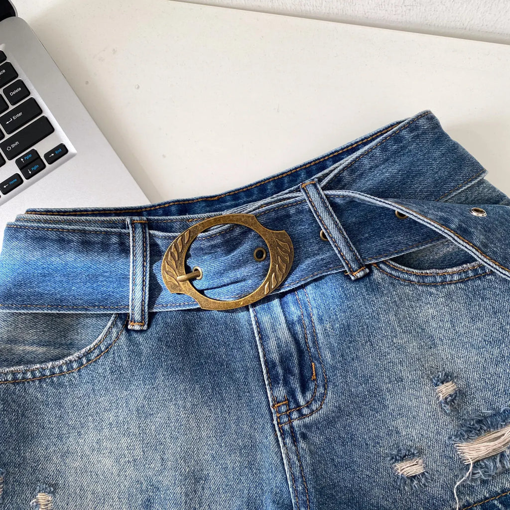 American Retro High Waist Denim Shorts Women Summer Ripped Mini Hot Girl Style Street Fashion Versatile Daily Casual Jeans Women