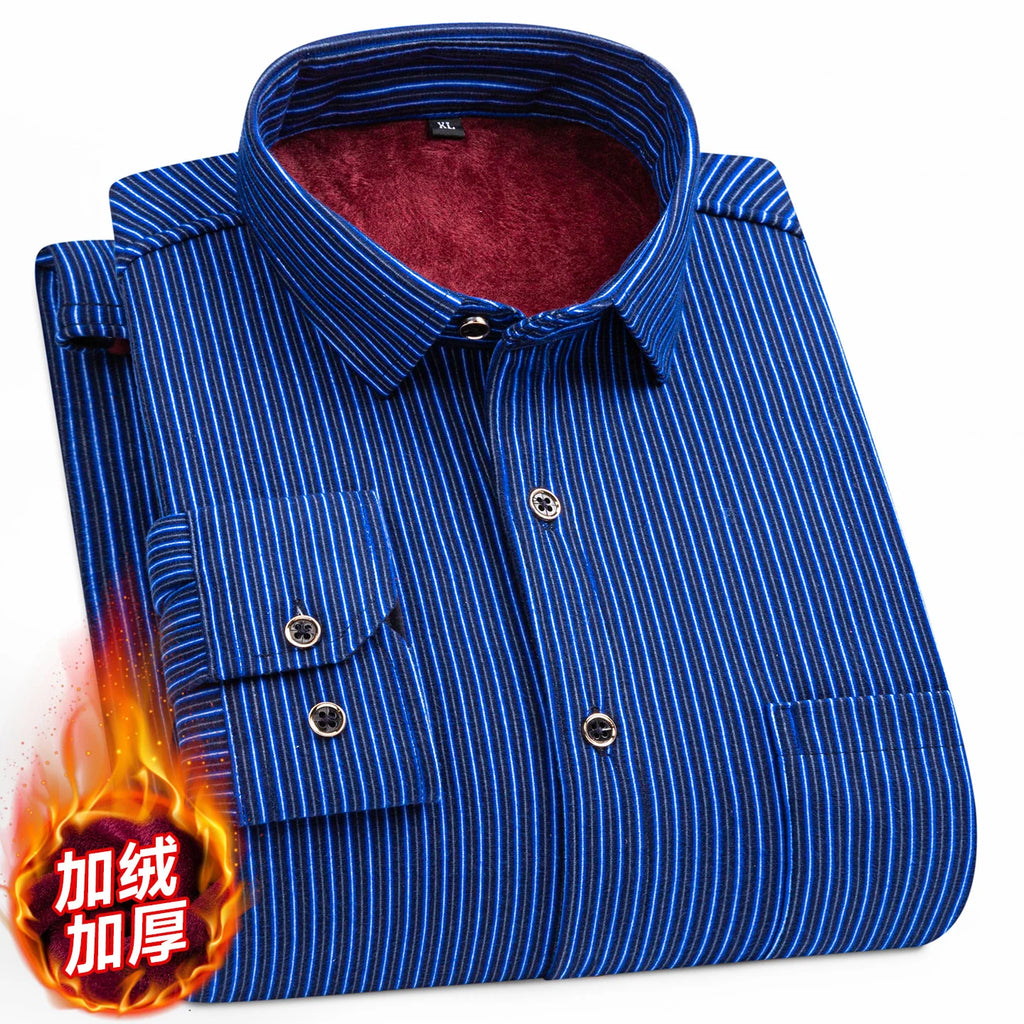 2025 Autumn Winter Men's Fashion Plaid Striped Print Shirts Double-sided Fleece Long Sleeve Thick Warm Shirts Soft Big Size 7XL