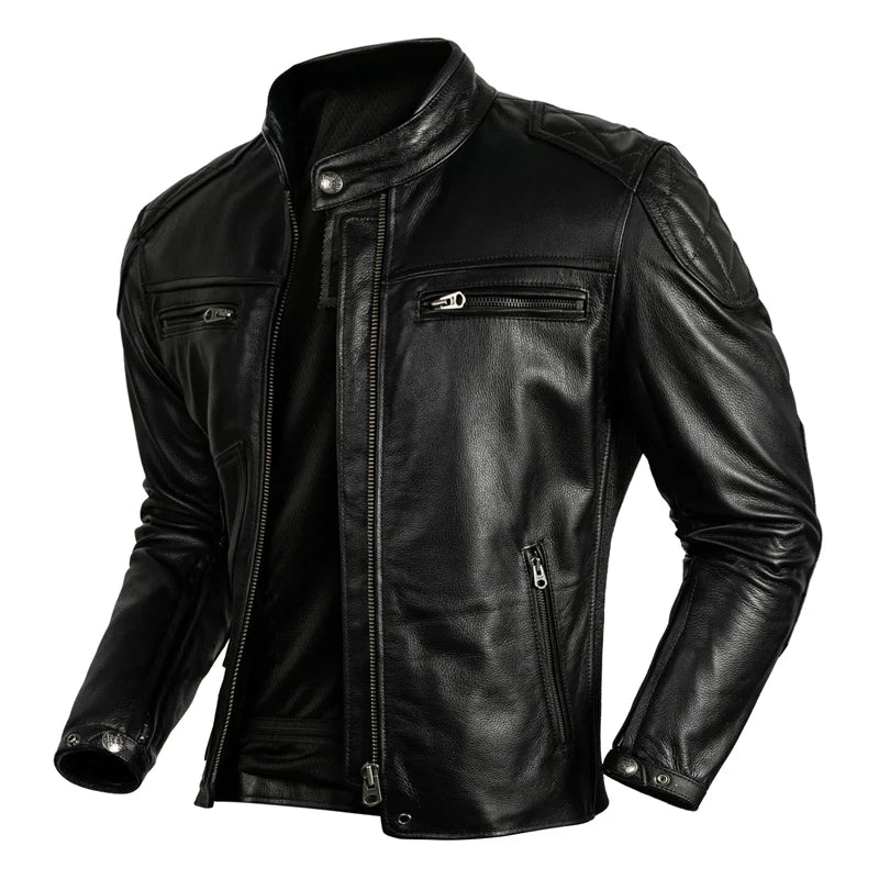 2023 New Top Layer Cowhide  Leather  Jacket Men Black Stand Collar Short Genuine Leather Coat High Quality  Motorcycle Jackets