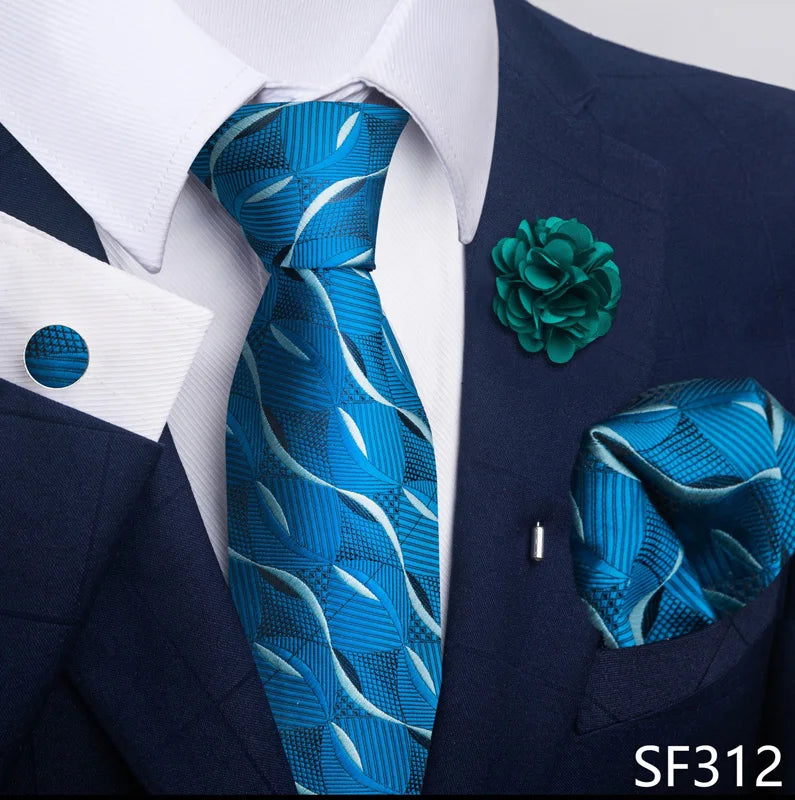 Hot Sale Luxury 8 Cm Blue Floral Ties Pocket Square Cufflinks Brooch Set For Man Suit Accessories Holiday Gift Fit Formal Party