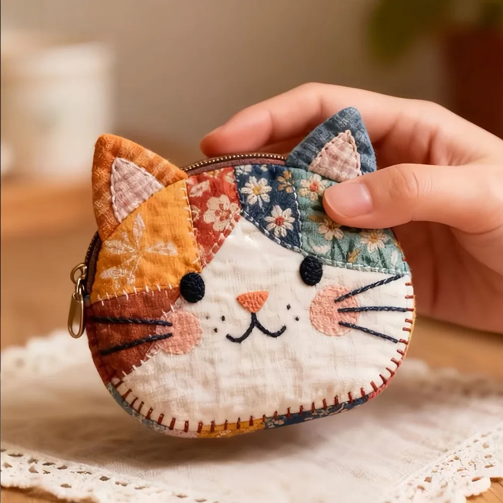 Waterproof Patchwork Coin Purse Cat Zipper Design Makeup Bag Storage Case Home Travel
