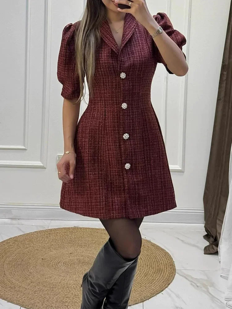 Exquisite casual dress spring and autumn new style lapel short sleeved solid color waist cinched princess style short skirt