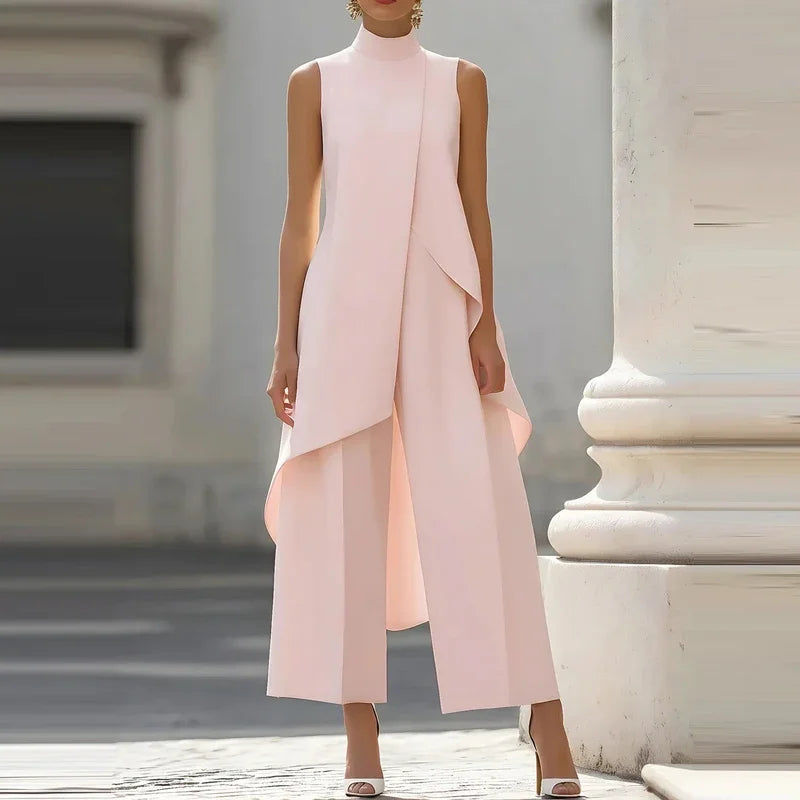 Women Chic Irregular Top+Pant Stwo-Piece Set Casual Solid Color High Neck Sleeveless Suit Fashion Office Commuting Loose Outfit