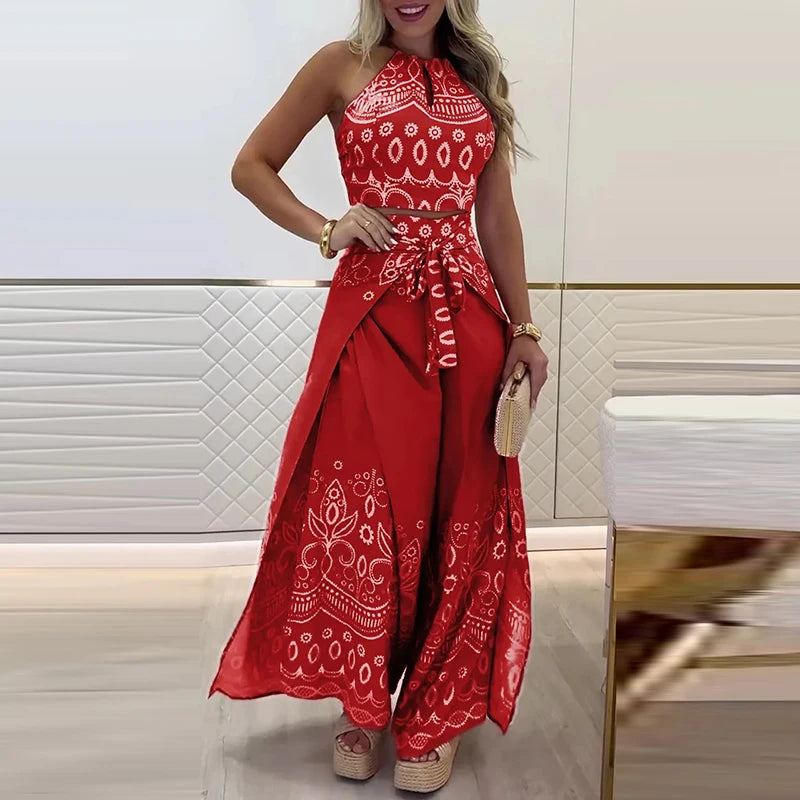 Elegant Halter Sleeveless Blouse & Lace-up Pant Set Casual Lace-up Party 2Pc Outfit Women Fashion Pattern Print Bohemian Outfits