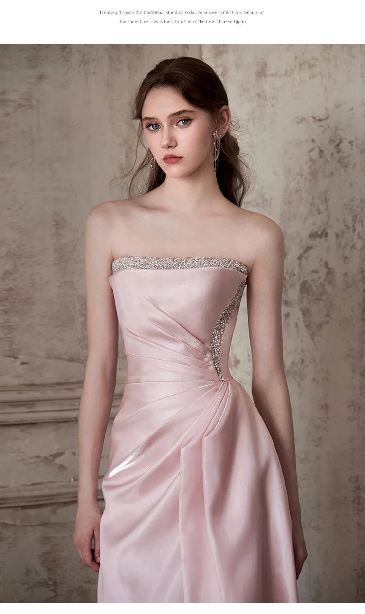 Pink Strapless French Evening Gown 2026 New High-end Annual Meeting Host Engagement Banquet Bride Toast Costume Customization