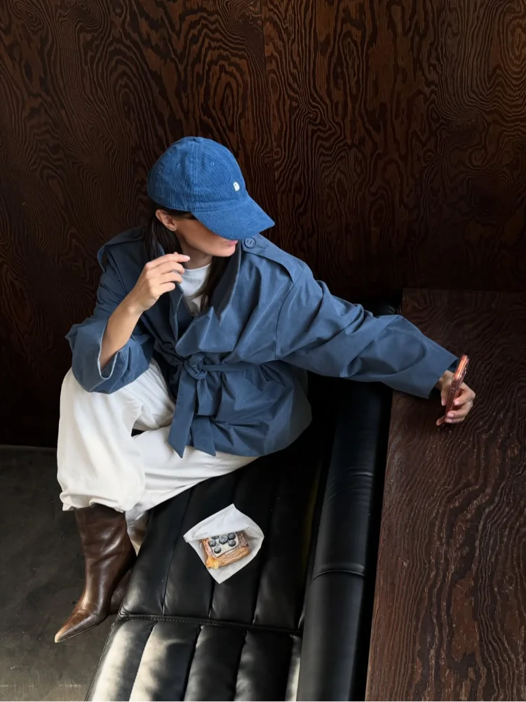 Women Casual Blue Lace-up Trench Coats Chic Stand Collar Full Sleeve Double Breasted Loose Windbreaker Lady Commute Coat 2026