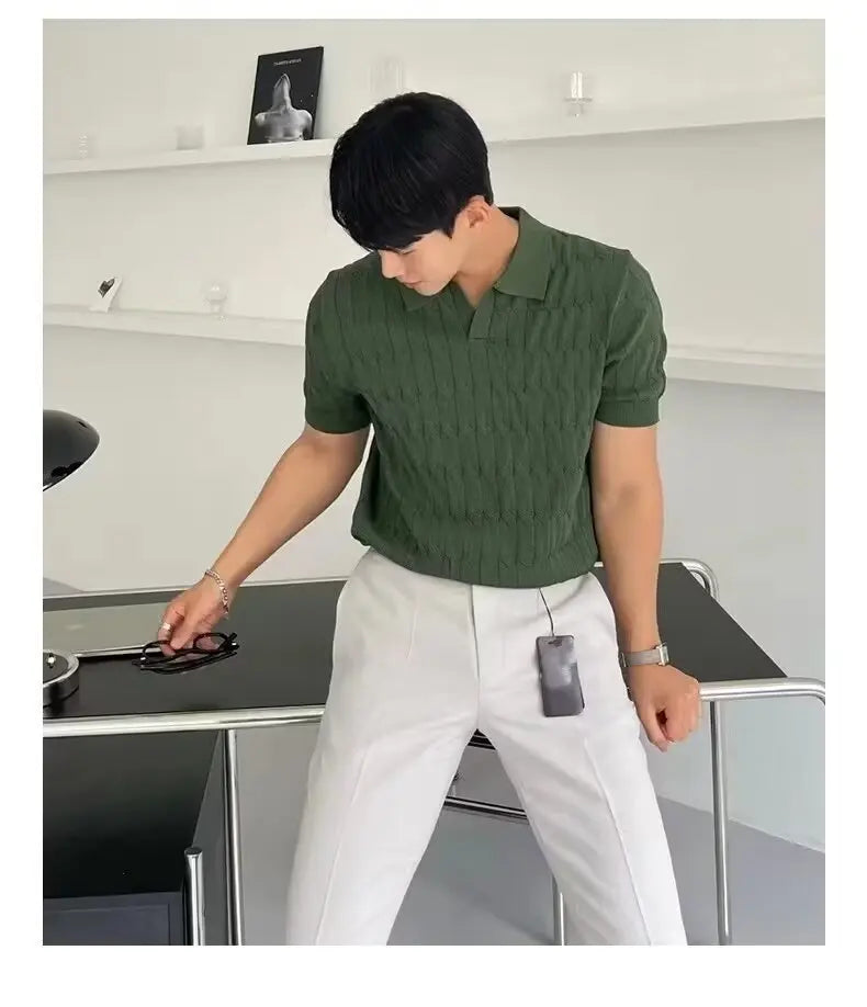 Trendy Polo Shirt for Men Summer Solid Color Top Versatile Knit Style Korean Short Sleeves Casual Fashion T-shirt