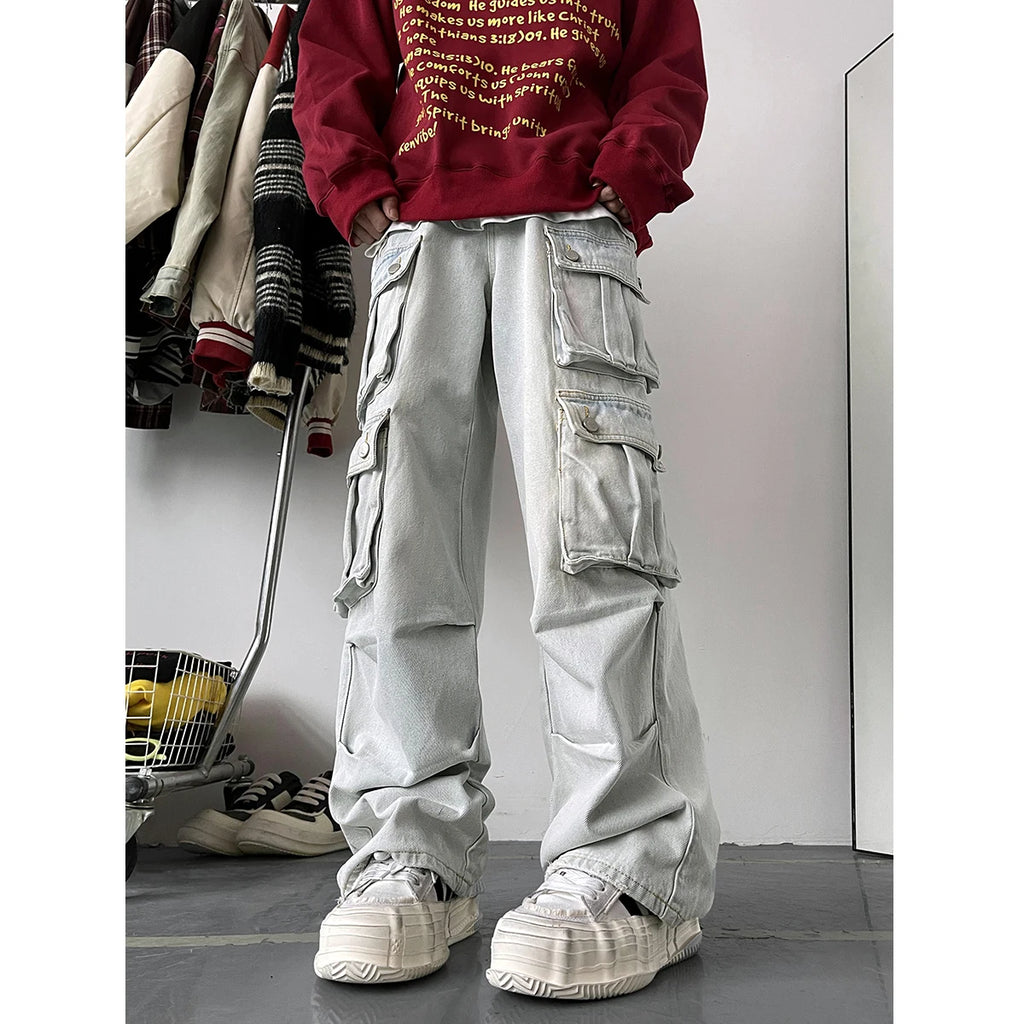 Cargo Jeans Men's Multiple pockets Patchwork Straight Casual Trousers Men Baggy Hip Hop Streetwear Loose Fashion denim Pants