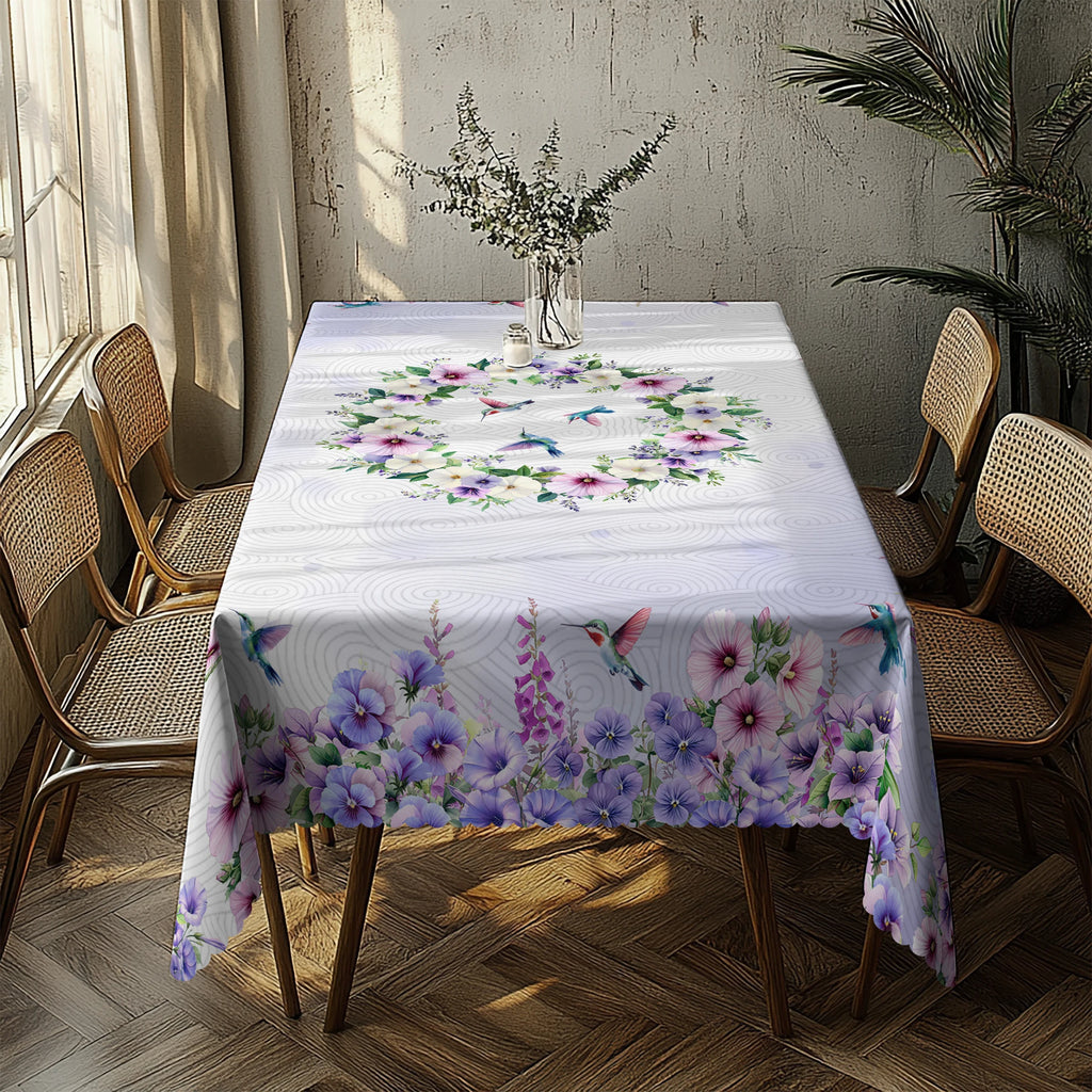 1 Piece, Purple Polyester Tablecloth with Hummingbird and Morning Glory Print + 4 Self-Adhesive Stickers, Pastoral Garden Atmosphere, Embossed Edges, Suitable for Home Kitchen, Living Room Dining Table, Balcony Coffee Table,