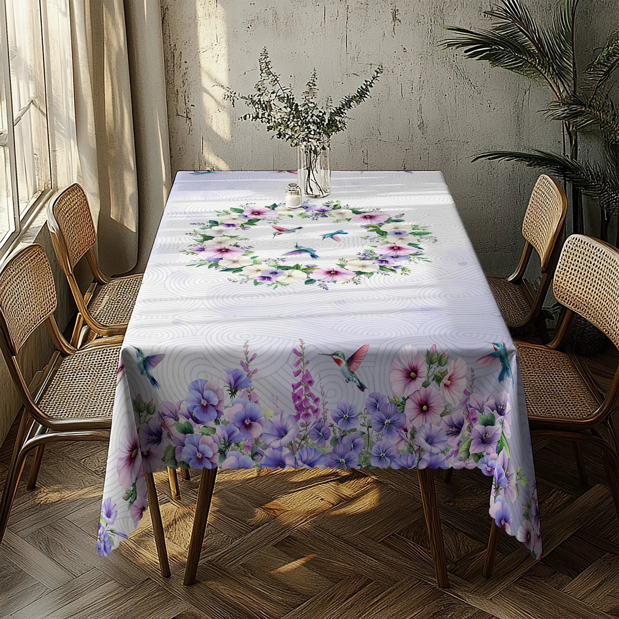 1 Piece, Purple Morning Glory Hummingbird Tablecloth + 4 Tablecloth Stickers, Morning Glory and Hummingbird Pattern Design, Holiday Table Decoration Cloth, Round/Rectangular Tablecloth, Suitable for Home Decoration, Room Deco