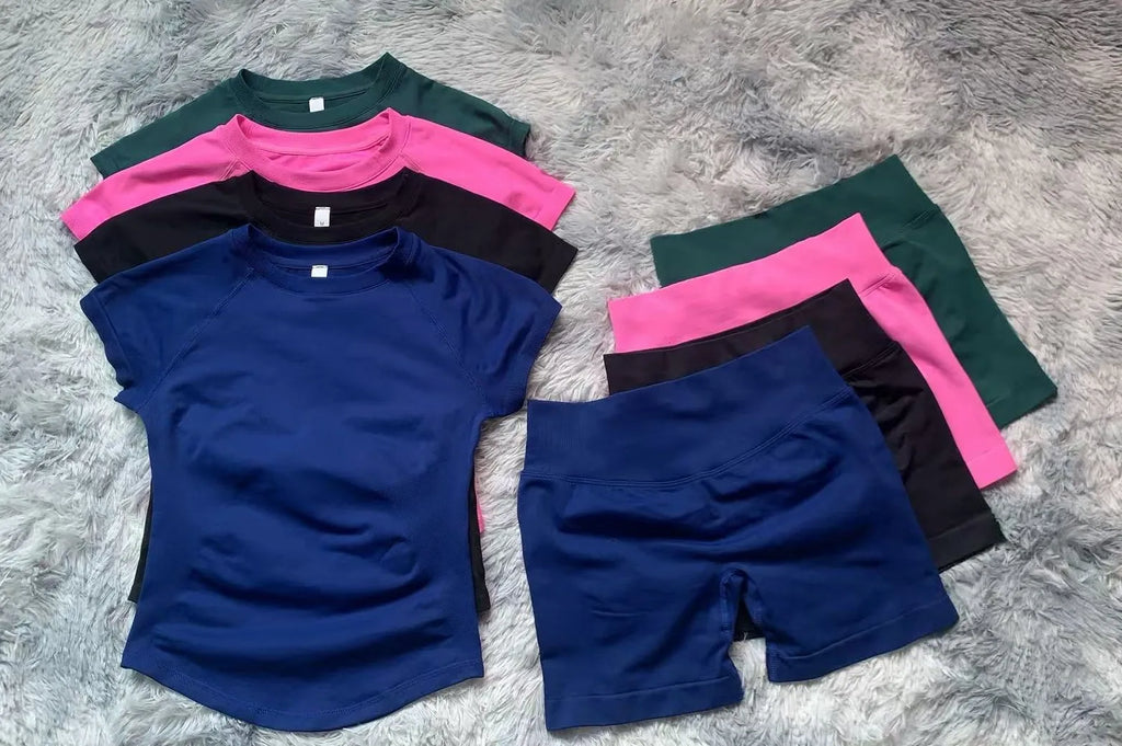 2 pieces of Dynfe Impact sports set short sleeved seamless yoga top fitness set women's running shorts sports set