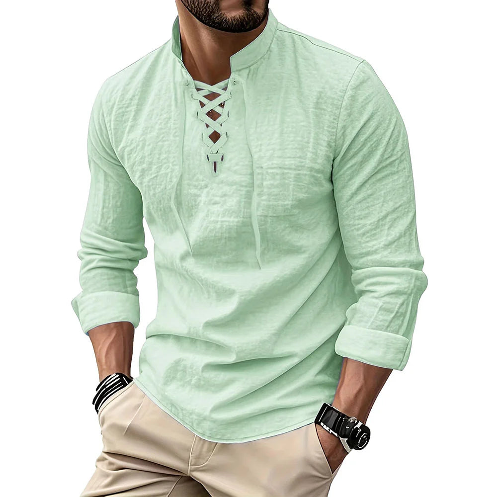 Men's Vintage V-neck T-shirt Cotton Linen Pirate Medieval Viking Gothic Tops Shirts Long Sleeved Cospaly Halloween Party Top