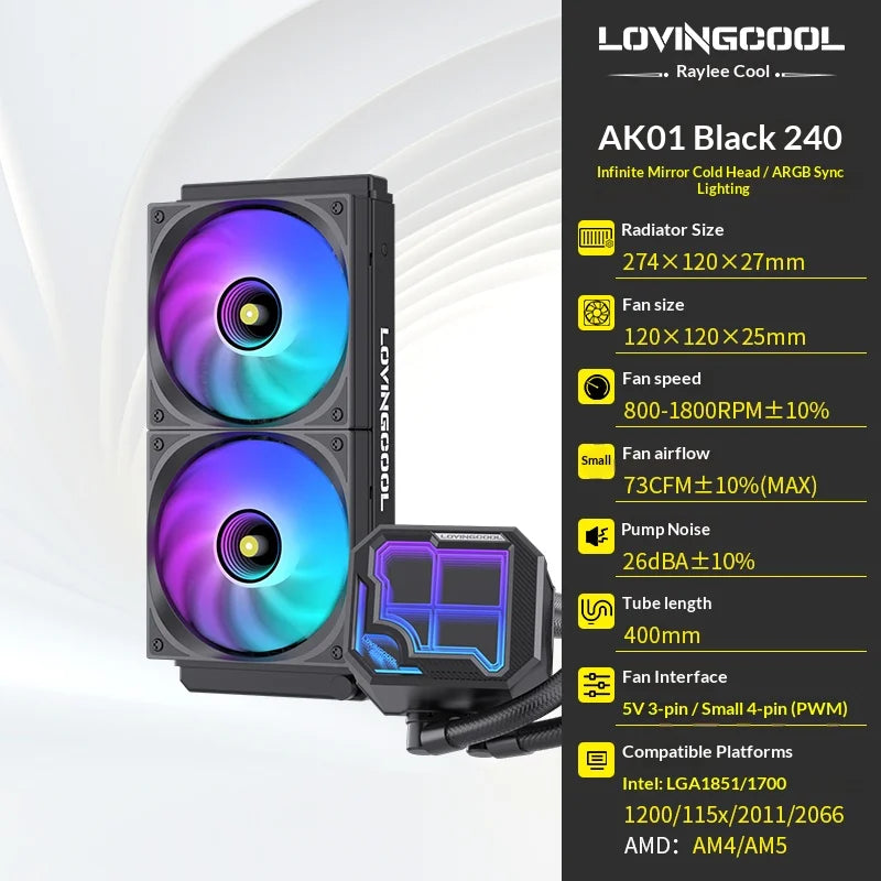 LOVINGCOOL AK-01 AK-03 240mm liquid cooler dynamic digital display screen ARGB PWM integrated water-cooled infinity mirror