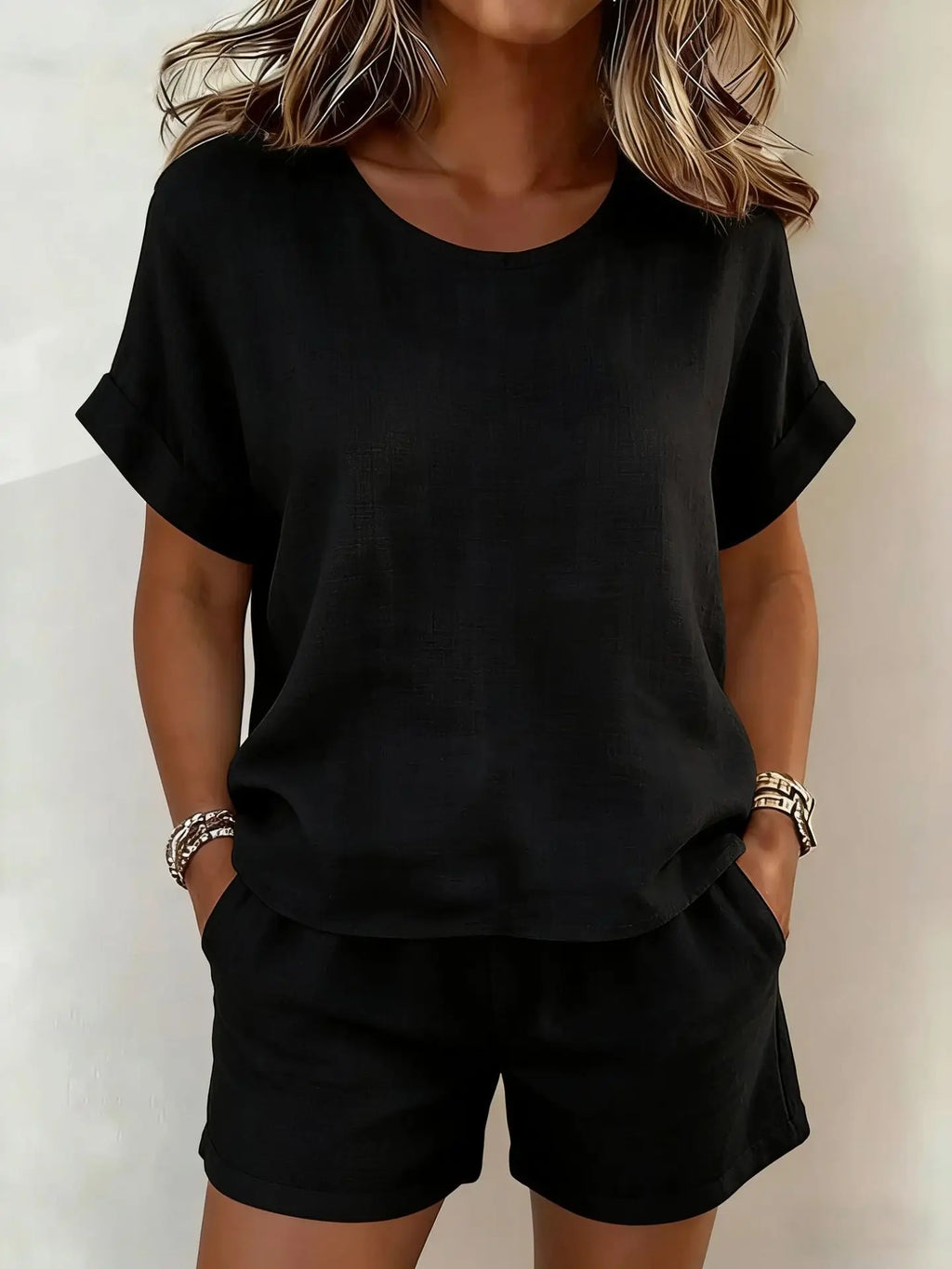 2026 Summer New Women's Solid Color Casual Crew Neck Short Sleeve Top & Shorts 2-Piece Outfit Set